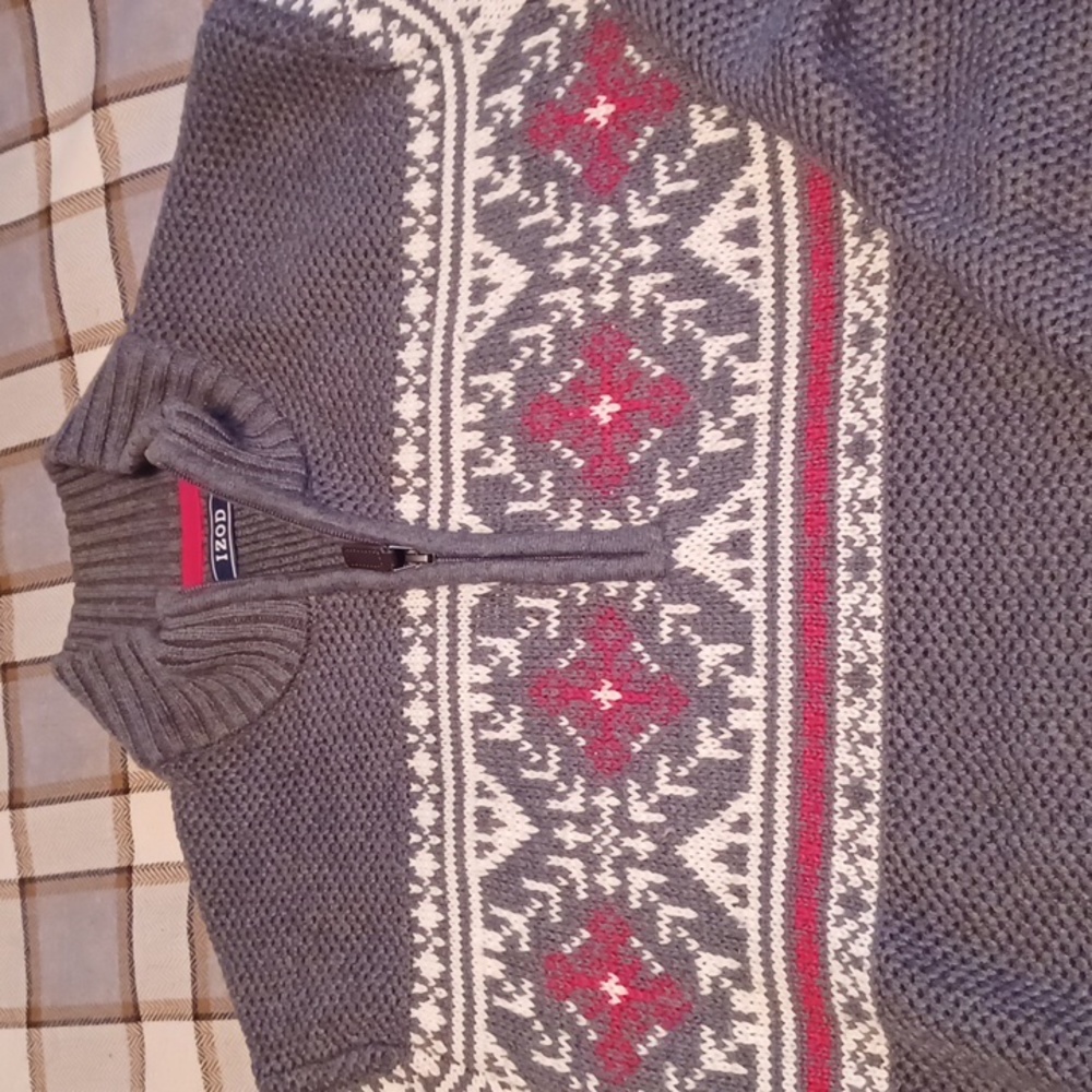 Mens IZOD winter season sweater, sz XL, grey with white & red